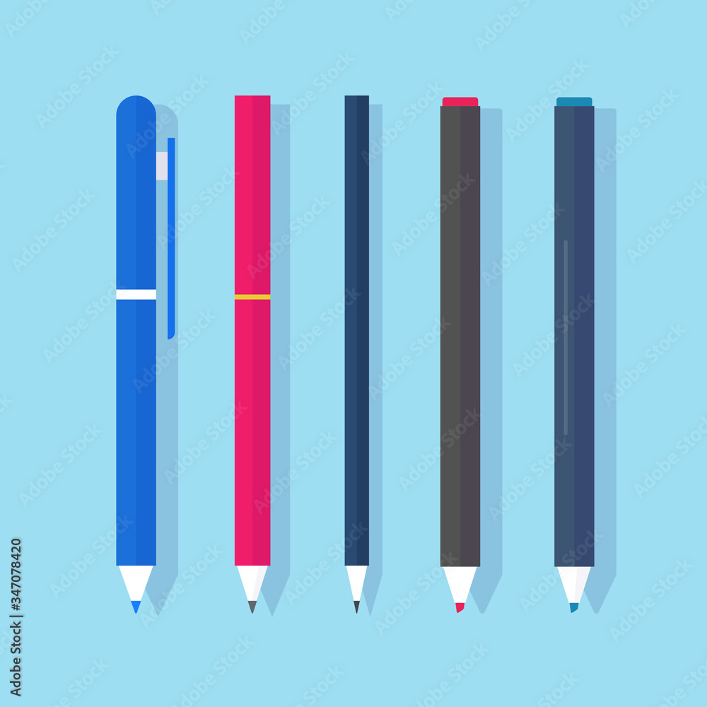 Obraz premium Pens and pencils with markers vector flat cartoon isolated, ballpoint or biro pen, idea of stationery set cartoon illustration modern design image