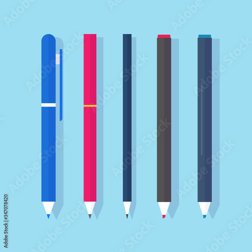 Pens and pencils with markers vector flat cartoon isolated  ballpoint or biro pen  idea of stationery set cartoon illustration modern design image