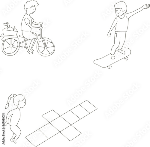 Vector black and white cartoon children on a skateboard, on a bicycle, jumping. Circuit. Vector illustration.
