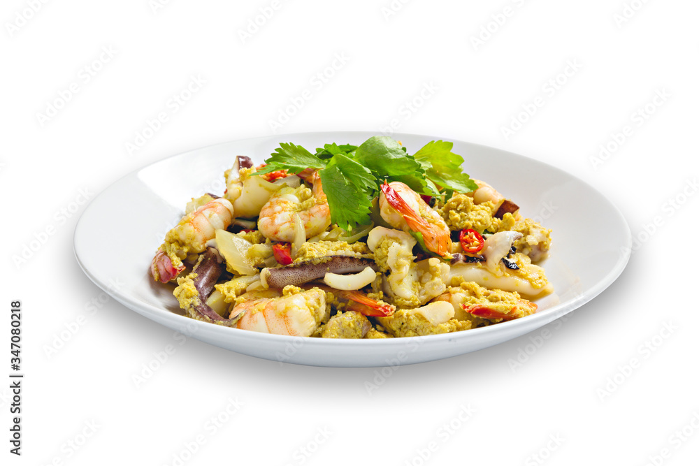 Stir Fried Curry Powder on white dish, Thai food, menu seafood.