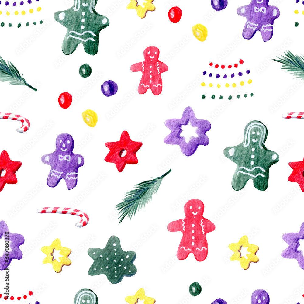 Seamless pattern of hand painted Christmas cupcakes and different decorations. Yellow, red, purple and green color palette. For templates, menu cards, invitation, greeting and postcards. Seamless pattern of hand painted Christmas cupcakes and different decorations. Yellow, red, purple and green color palette. For templates, menu cards, invitation, greeting and postcards.