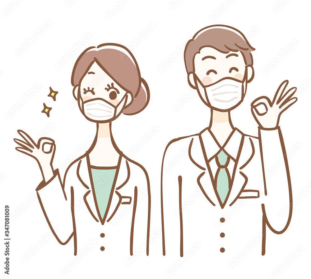 Illustration of men and women wearing surgical masks giving an OK sign. Illustration of men and women wearing surgical masks giving an OK sign.