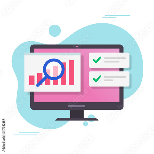 Analysis sales data growth graphs report on computer or pc with audit of stocks market with success notifications vector flat cartoon, analytics technology charts online or internet statistics