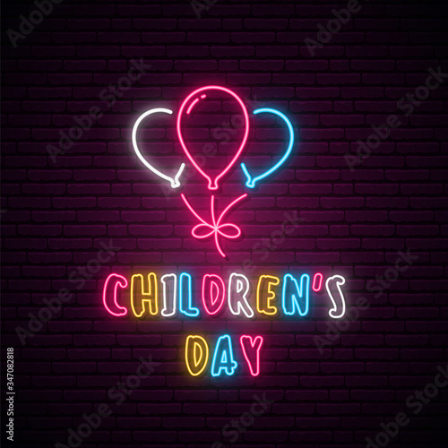 Neon Childrens Day signboard. Bright shiny balloons and text Children's Day in neon style. Stock vector illustration.