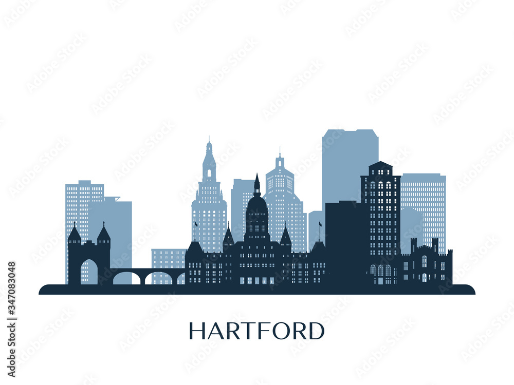 Hartford skyline, monochrome silhouette. Vector illustration.
