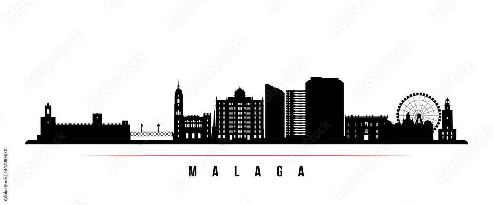 Malaga skyline horizontal banner. Black and white silhouette of Malaga, Spain. Vector template for your design.