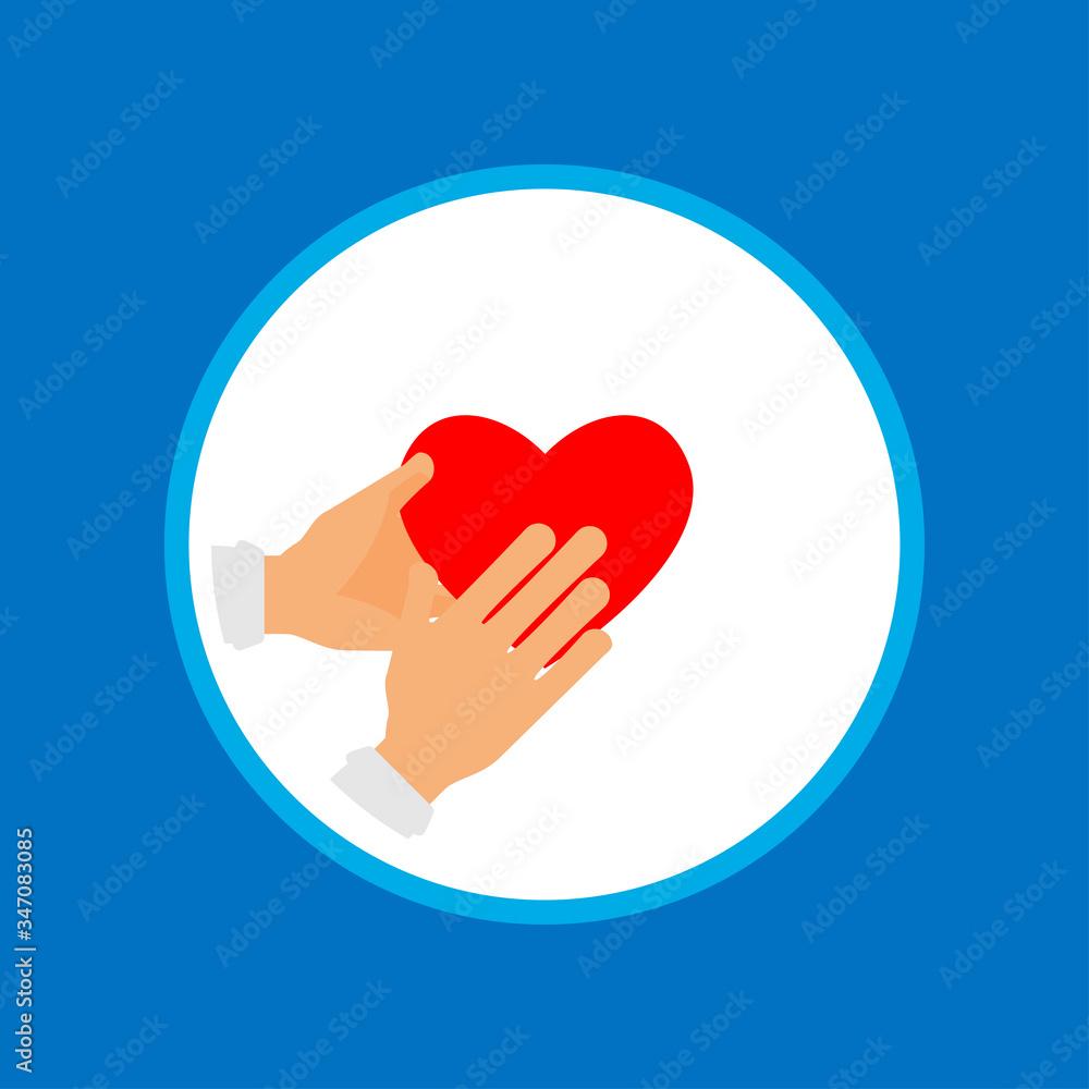Charity icon, two hands holding red heart on blue background. Charity icon, two hands holding red heart on blue background.