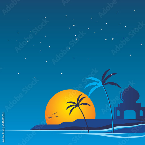 Blue landscape of mosque in the beach at sunset. Islamic background illustration.