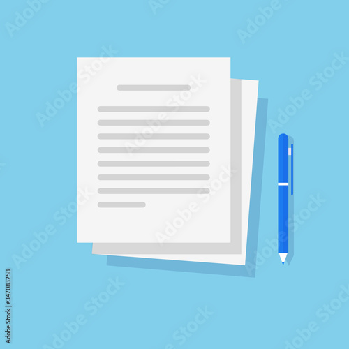 Document text file and writing article content on paper docs with pen vector illustration flat cartoon isolated, idea of copywriting study or learning, creating notes on pages image