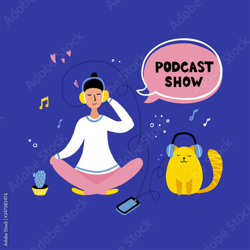 Podcast concept illustration. Webinar, online training, tutorial podcast concept. Young female listening to podcasting sitting on the floor with a cat at home. Hand draw Vector illustration.