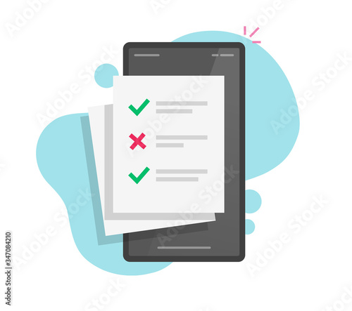 Survey online form or exam document and test quiz checklist results on mobile phone or smartphone vector flat cartoon, electronic questionnaire, education check list paper doc pile icon modern image