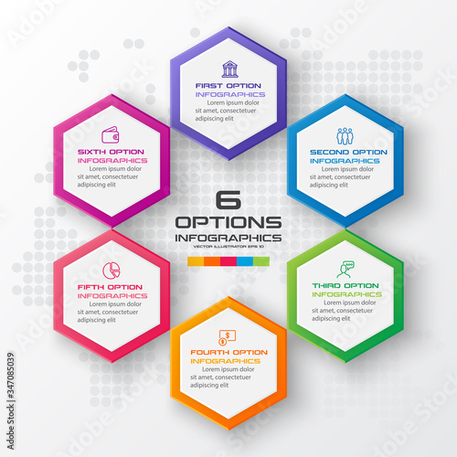 Hexagon business infographics template with 6 options in white color background