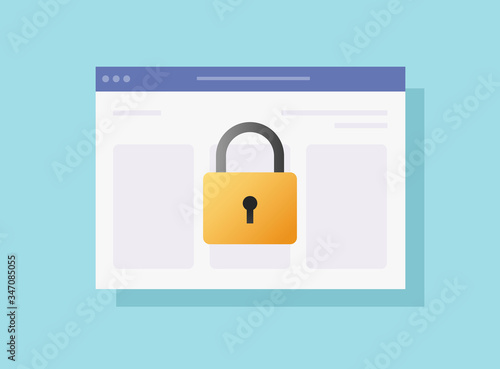 Internet security privacy or online web access data protection vector flat cartoon icon, illustrated private browser window website private padlock technology, guard or authentication system image