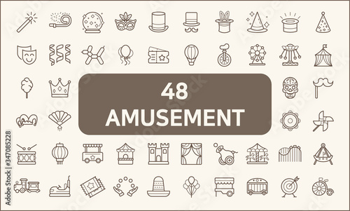 Set of 48 carnival and amusement park line style. Contains such Icons as circus, magic, party, festival, decoration,  fair, rides, playground and more.