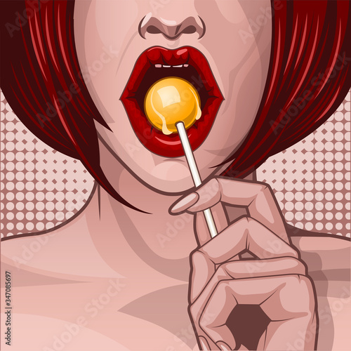 Pop art comic book illustration with a red-skinned sexy girl holding a lollipop in her mouth.