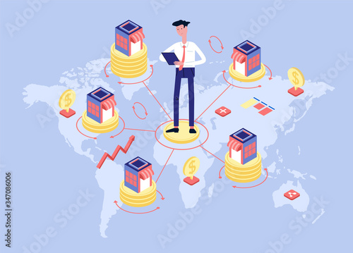 Development of a chain of stores. Franchising and branch network. Franchise business marketing. Page template. 3d isometric illustration