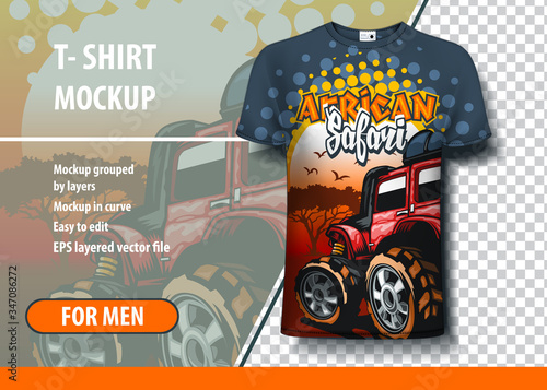 African Safari SUV at sunset. Layout of editable template for printing on a t-shirt.