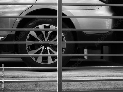 metal frame and car wheel in black and white