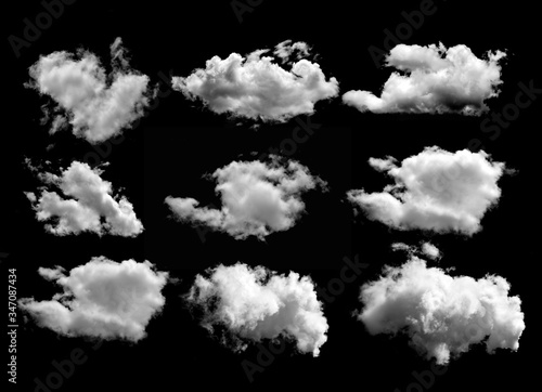 set of white clouds isolated on black background