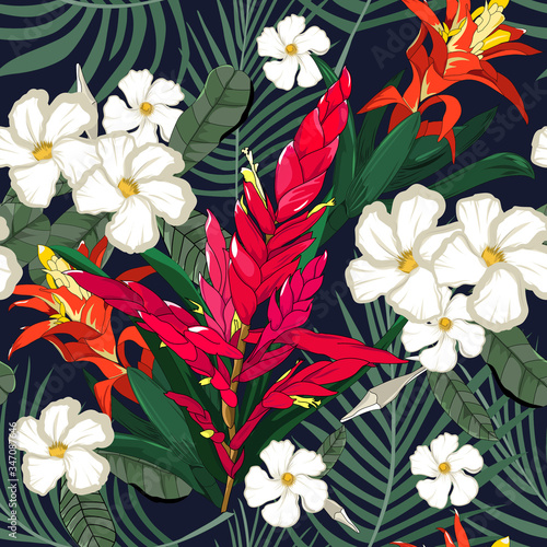 mixed tropical flowers with bromeliad stalk seamless pattern in vector illustration
