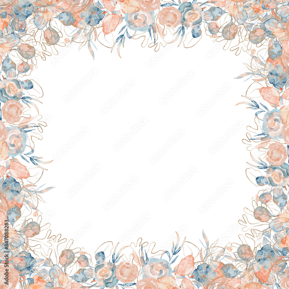 Watercolor floral frame with pink and blue peony leaves and gold corals