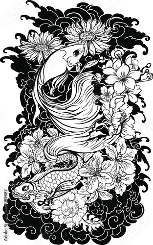 Colorful Siamese fighting fish or betta fish swimming in Japanese wave with peony and daisy flowers for hand drawn tattoo art design in  geometric and circular ornament frame