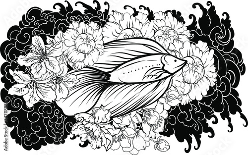 Colorful Siamese fighting fish or betta fish swimming in Japanese wave with peony and daisy flowers for hand drawn tattoo art design in  geometric and circular ornament frame