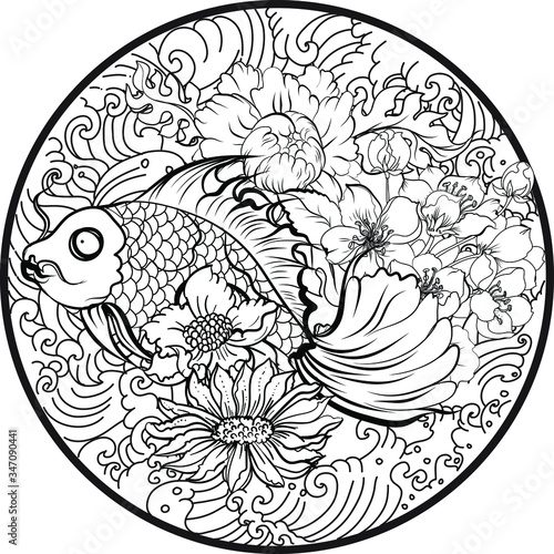Colorful Siamese fighting fish or betta fish swimming in Japanese wave with peony and daisy flowers for hand drawn tattoo art design in  geometric and circular ornament frame