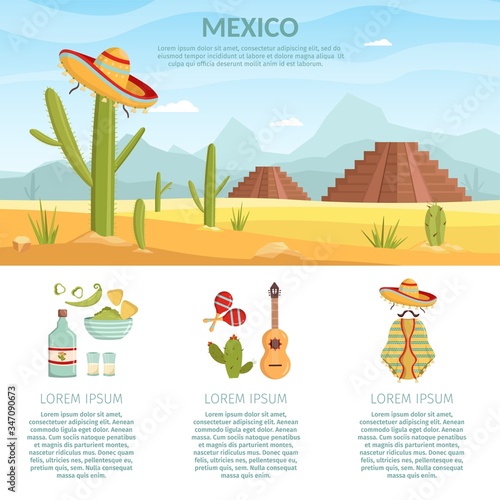 Mexican infographics desert with cactus, sombrero, guitar vector elements illustration.