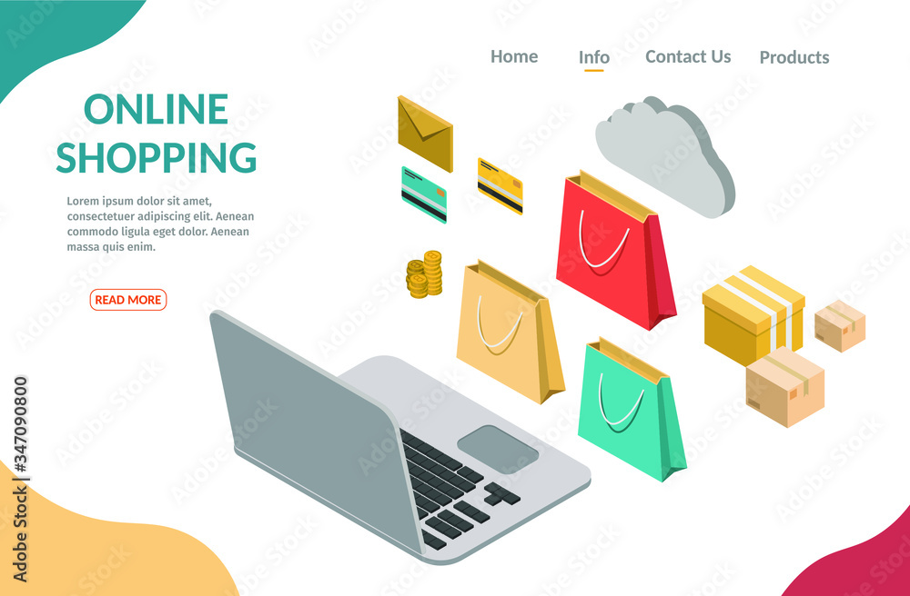 Isometric shopping online computer ecommerce vector illustration banner. Isometric shopping online computer ecommerce vector illustration banner.