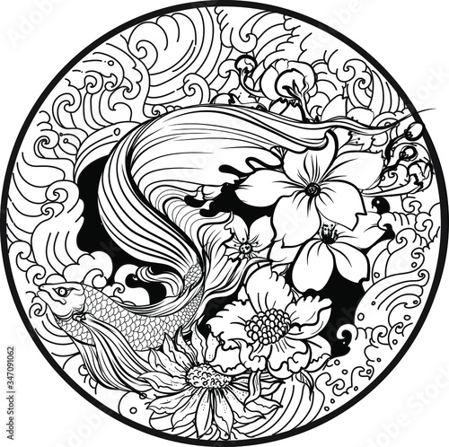 Colorful Siamese fighting fish or betta fish swimming in Japanese wave with peony and daisy flowers for hand drawn tattoo art design in  geometric and circular ornament frame