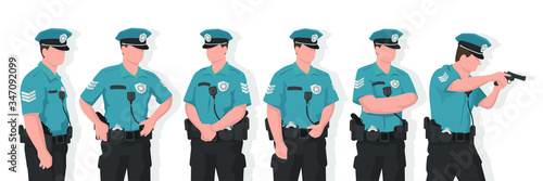 Set of police man in modern flat style, simple people concept on white background.