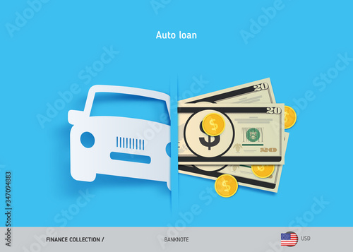 Car loan concept. 20 US Dollar banknotes and gold coins . Flat style vector illustration.