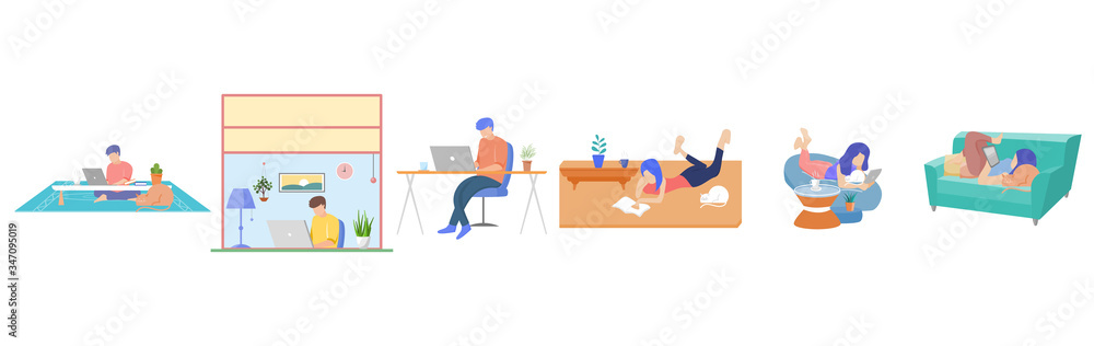 Set of people stay home. People working at home. People are reading good news. People relaxing at home. Vector illustration. Set of people stay home. People working at home. People are reading good news. People relaxing at home. Vector illustration.