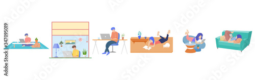 Set of people stay home. People working at home. People are reading good news. People relaxing at home. Vector illustration. © Autthapol