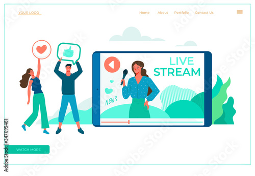 Modern flat vector illustration concept of on-line video chat app, internet talk, call technology. Video player window with speaking woman and messages. Landing page.