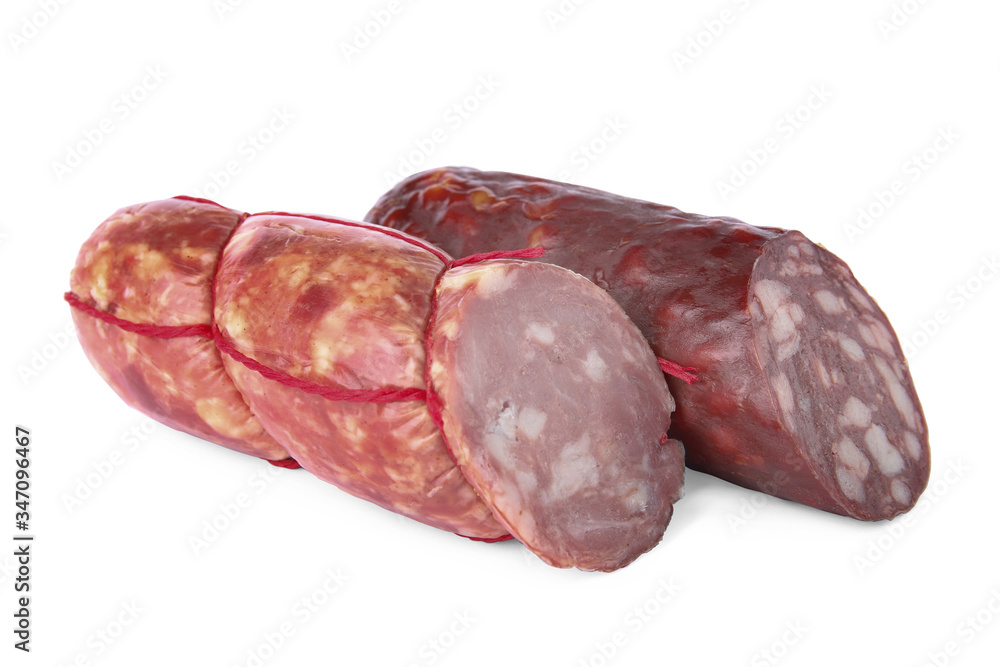 Delicious smoked sausages isolated on white. Fresh meat product Delicious smoked sausages isolated on white. Fresh meat product