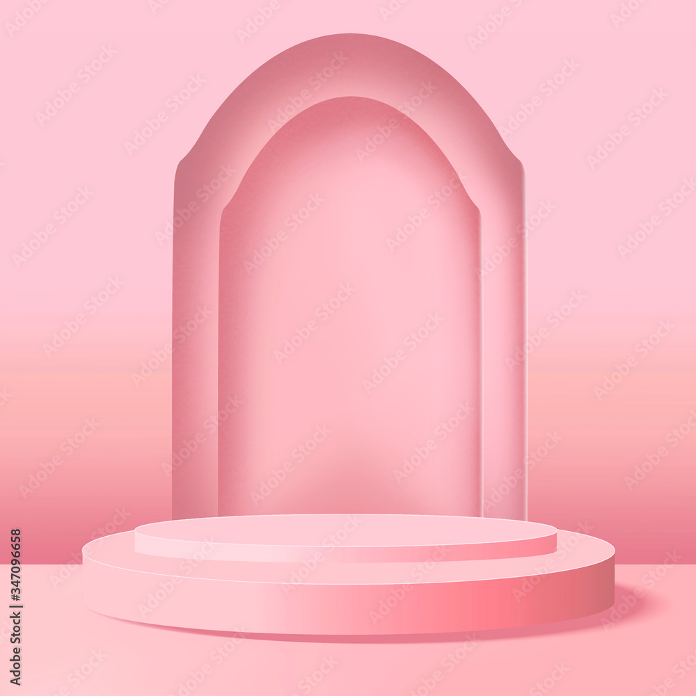 pink abstract background, mock up circle podium with door for product display. 3D rendering