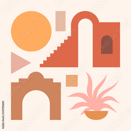 Abstract contemporary aesthetic background with geometric architecture shapes. Earth tones, burnt orange, terracotta colors. Boho wall decor. Mid century modern art print. Set of minimalistic shapes.