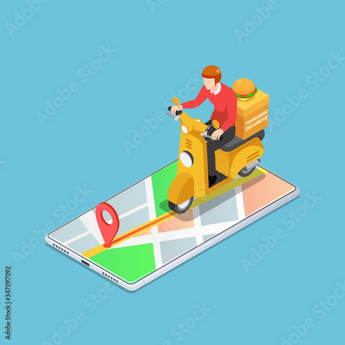 Isometric delivery man ride motorcycle on the smartphone with gps navigation