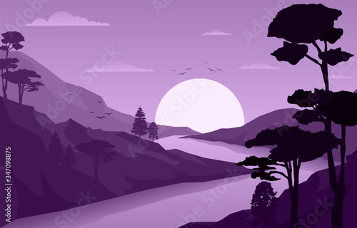 Sunrise Sunset Mountain Forest Wild Nature Landscape Monochrome Illustration