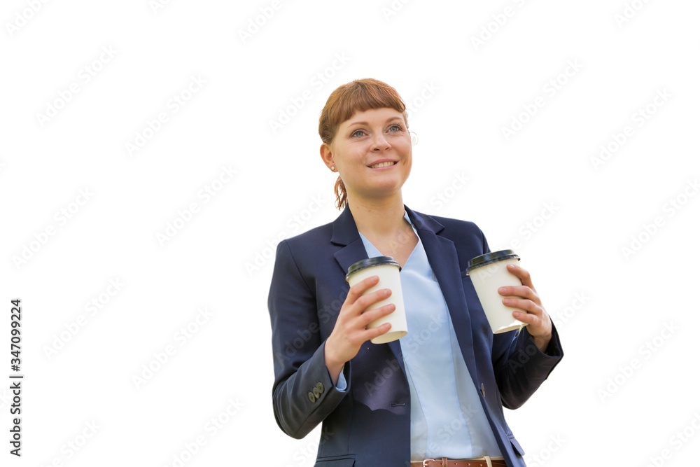 Cutout of Young beautiful businesswoman holding two cups of coffee Cutout of Young beautiful businesswoman holding two cups of coffee