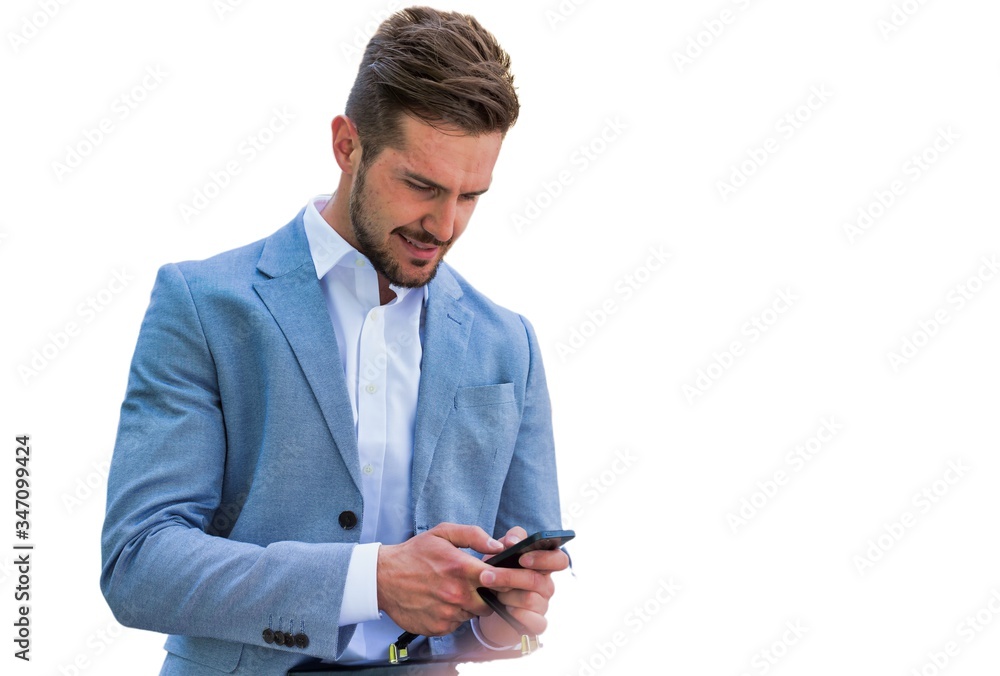 Cutout of Young attractive businessman using smartphone Cutout of Young attractive businessman using smartphone