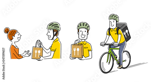 Stock illustration: food delivery, deliveryman, bicycle, set, collection