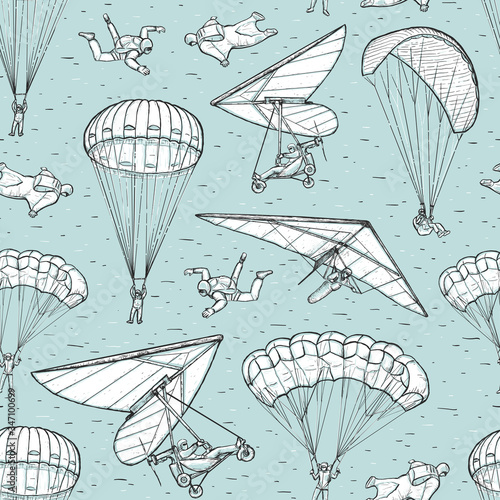Extreme sports sketch seamless vector pattern on blue background. People performing parachuting, hang glider, wingsuit flying and free fall. Parachuting sport. For textile print, page fill, wrapping
