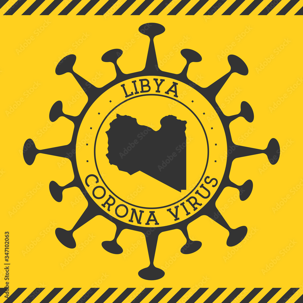 Corona virus in Libya sign. Round badge with shape of virus and Libya map. Yellow country epidemy lock down stamp. Vector illustration.