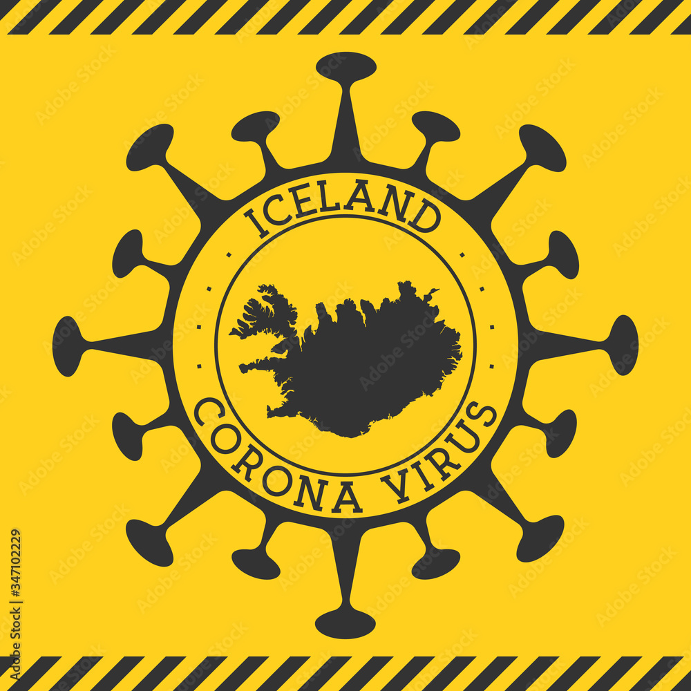 Corona virus in Iceland sign. Round badge with shape of virus and Iceland map. Yellow country epidemy lock down stamp. Vector illustration.