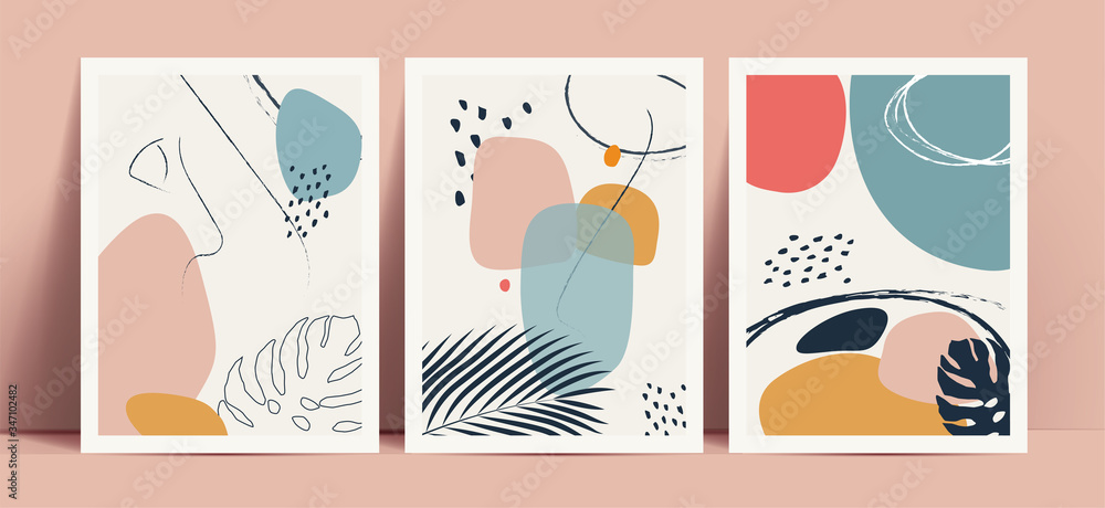 Abstract terrazzo style background set with pastel color hand drawn geometric shapes and lines and tropical leaves silhouettes. Works for decor wall prints or book cover or flyer or menu design. Abstract terrazzo style background set with pastel color hand drawn geometric shapes and lines and tropical leaves silhouettes. Works for decor wall prints or book cover or flyer or menu design.