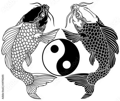 two koi carp fishes and the circle of yin yang symbol. Tattoo. Black and white vector illustration