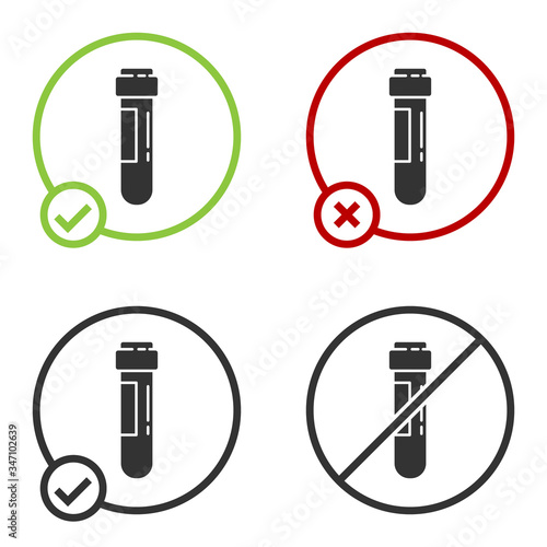 Black Test tube or flask with blood icon isolated on white background. Laboratory  chemical  scientific glassware sign. Circle button. Vector Illustration